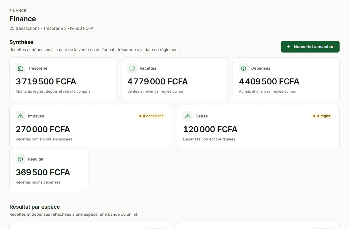 Écran Finance : trésorerie, recettes, dépenses, impayés, dettes et résultat par espèce (données de démonstration).